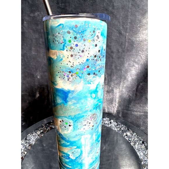 Alcohol Ink Tumbler Blue White & Glitter Swirl Stainless Cup Lid & Straw - Picture 2 of 12
